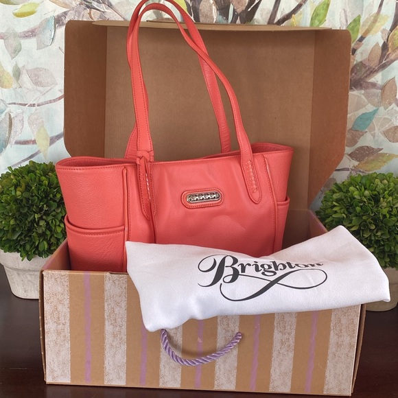 BRIGHTON “PAULINA” CORAL MELON 💯% GENUINE PEBBLED LEATHER SHOULDER TOTE BAG EUC - Picture 4 of 17